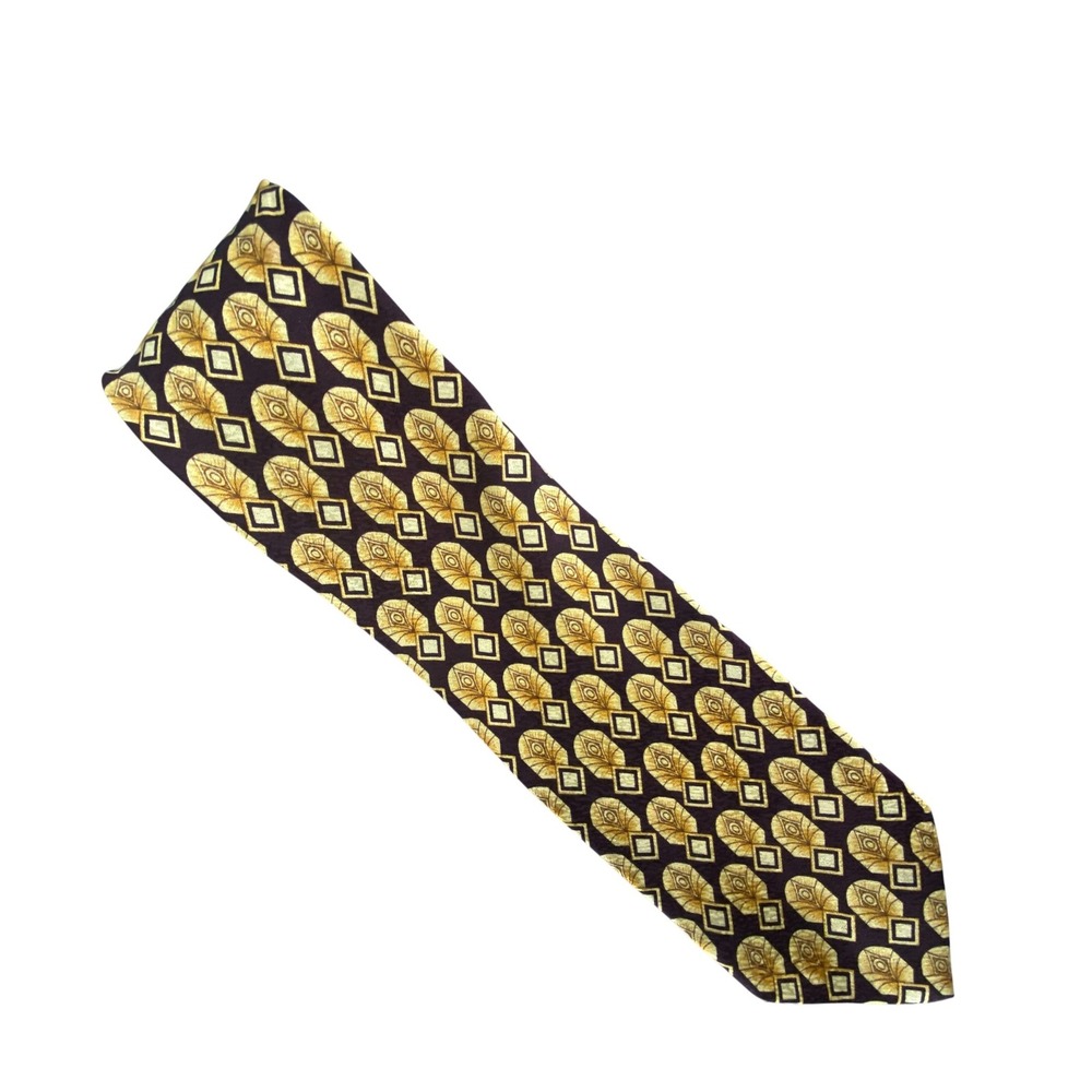 E'MODA Mens Silk Tie Plum Gold Geometric Art Deco Made in Italy Luxury 55x4